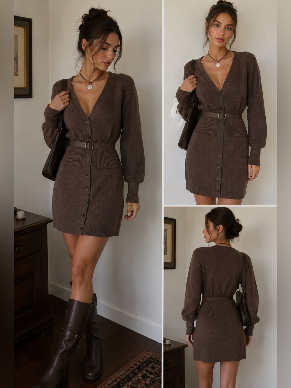 Brown Belted Cardigan Mini Dress Button Front Long Sleeve Cozy Chic M/L